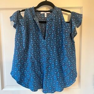 Derek Lam Blue Patterned cold shoulder silk blouse